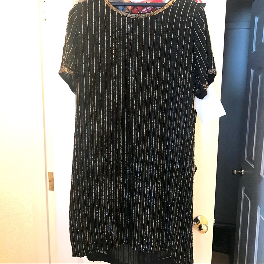 Boston Proper Black and Gold Striped Dress